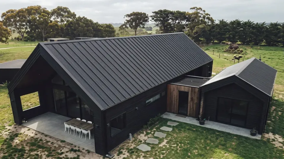 Modern Australian home in Wollongong with a new matte black Colorbond metal roof installed by Primeline Roofing